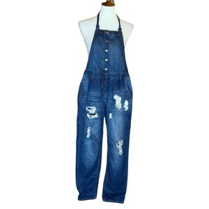 Forever 21 distressed denim jean overalls with open back Size XS